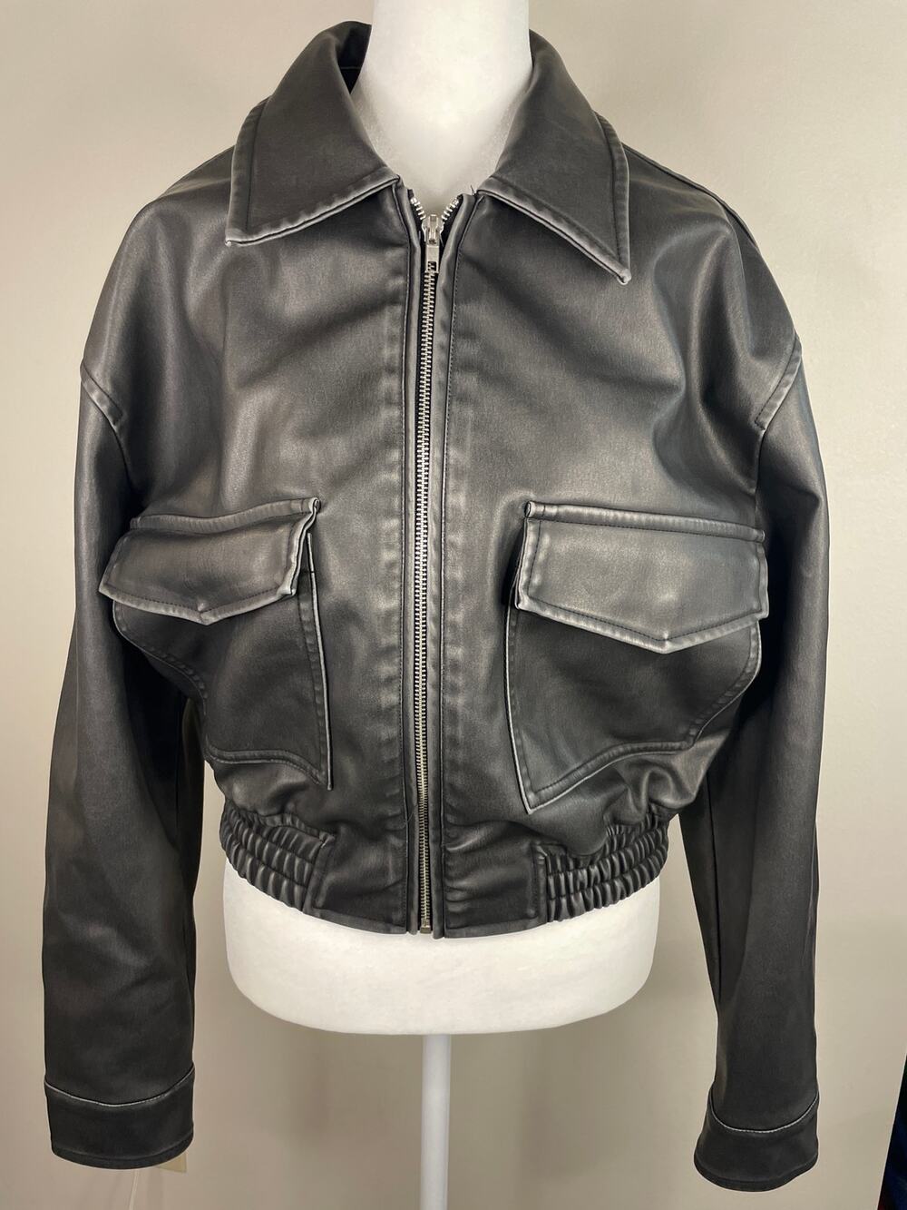 Vigoss Weather Washed Faux Leather Bomber Jacket - Size M